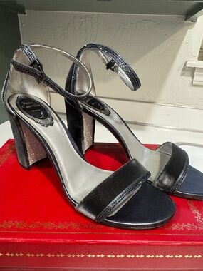 Rene Caovilla graphite Velvet Sandals with Silver Glitter Block Heel